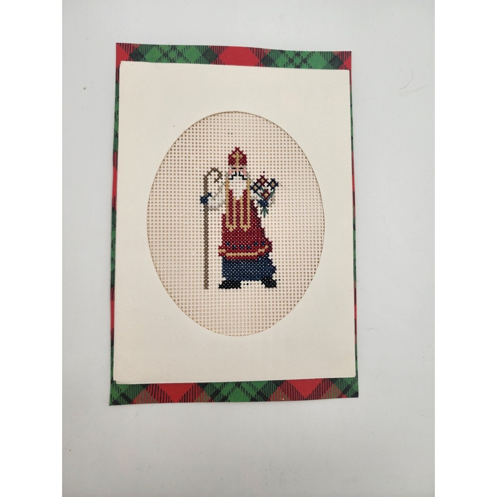 Vintage Cross Stitch Santa Christmas Card Plaid Frame Holiday Greeting Folk Art